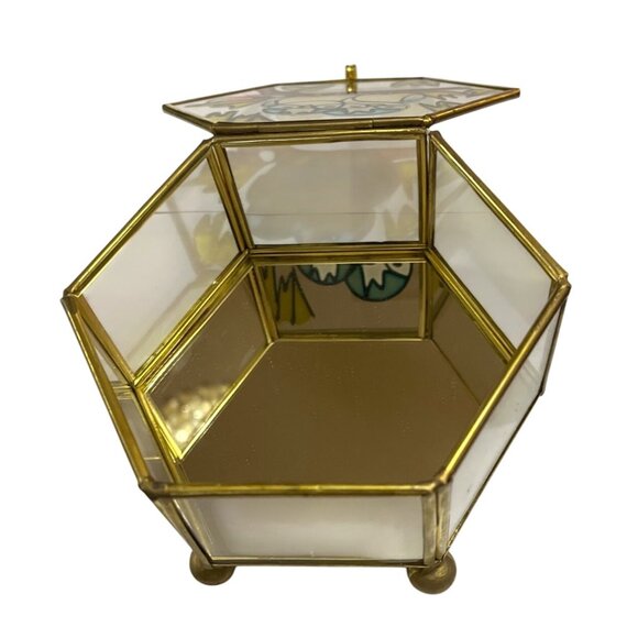 Vtg Brass and Glass Painted Owls on Branch Hexagon Curio Box Mirrored Bottom - Picture 5 of 7